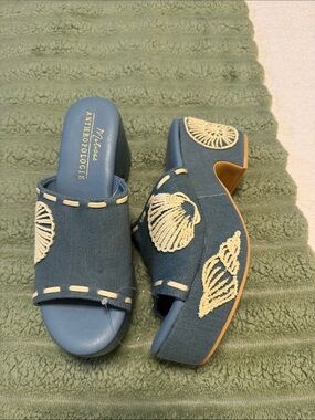 NWOT Anthropologie Blue Canvas Embroidered Shell Mule Slides/heels